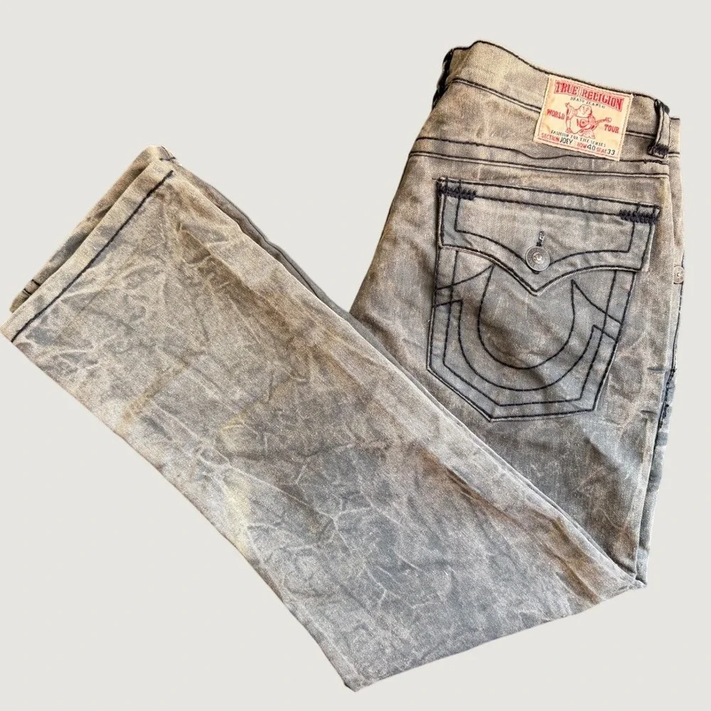 True Religion Joey Mens Gray Acid Wash Black Triple Stitch Jeans Size 40x33 USA